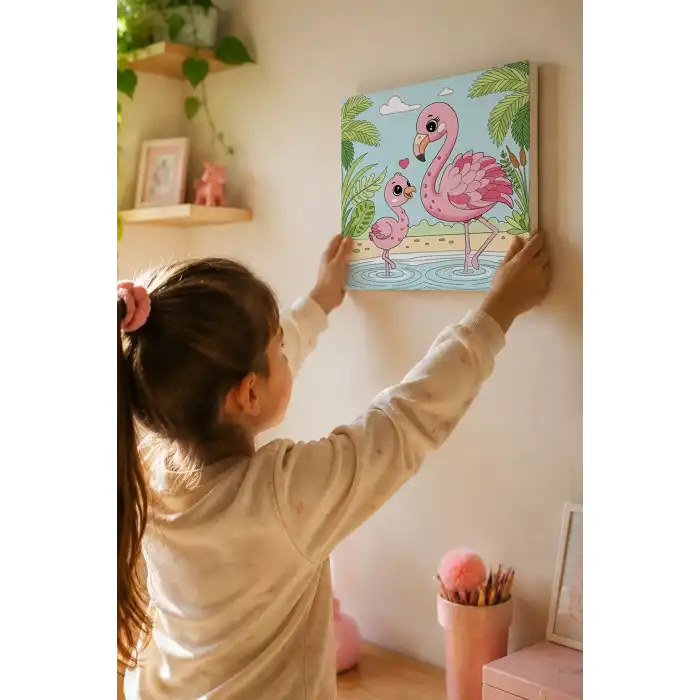 Flamingo Temalı Çocuk Boyama Tuvali – Şövalesiz Eğitici Boyama Seti 20x20 cm