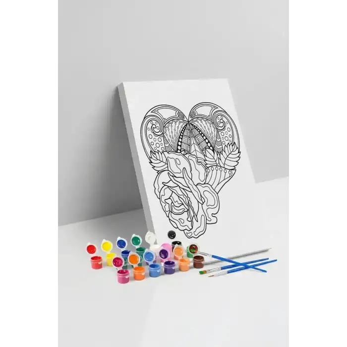 Kalp Çiçek Desenli Mandala Tuval Boyama Seti 40x50 cm