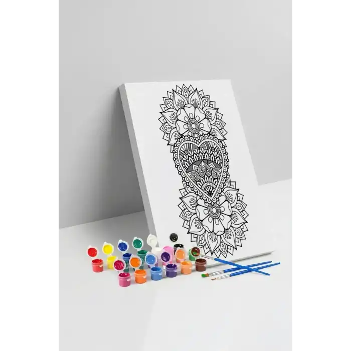 Kalp Çiçek Desenli Mandala Tuval Boyama Seti 40x50 cm