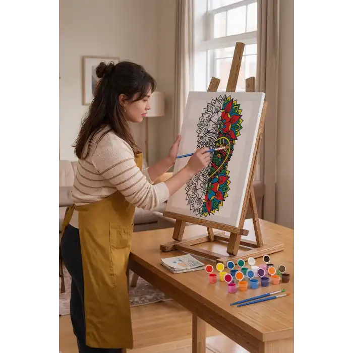 Kalp Çiçek Desenli Mandala Tuval Boyama Seti 40x50 cm