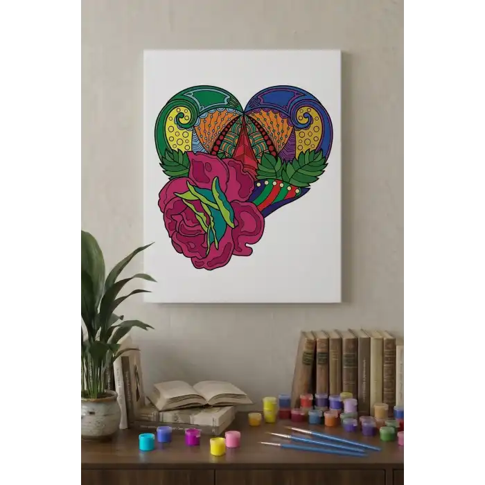 Kalp Çiçek Desenli Mandala Tuval Boyama Seti 40x50 cm