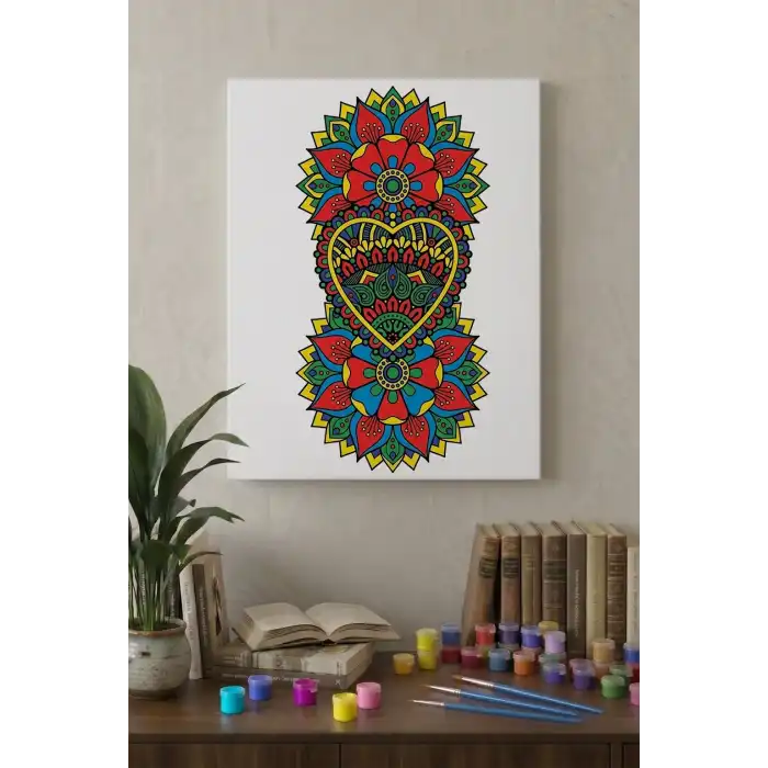 Kalp Çiçek Desenli Mandala Tuval Boyama Seti 40x50 cm