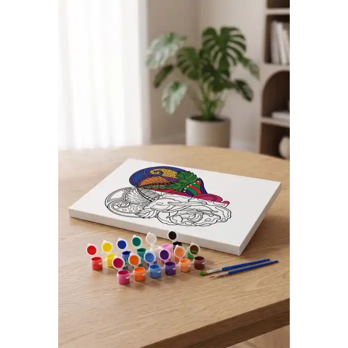 Kalp Çiçek Desenli Mandala Tuval Boyama Seti 40x50 cm