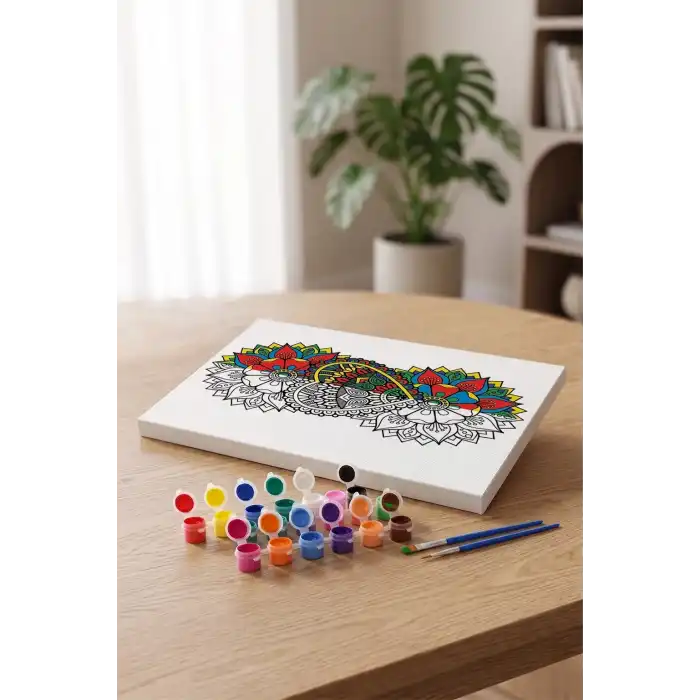 Kalp Çiçek Desenli Mandala Tuval Boyama Seti 40x50 cm