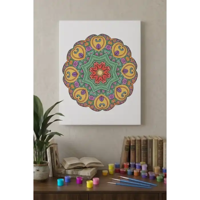 Kalp Motifli Çiçek Mandala Tuval Boyama Seti 40x50 cm