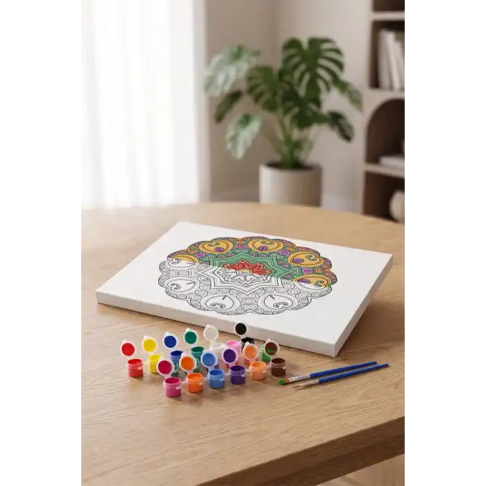Kalp Motifli Çiçek Mandala Tuval Boyama Seti 40x50 cm