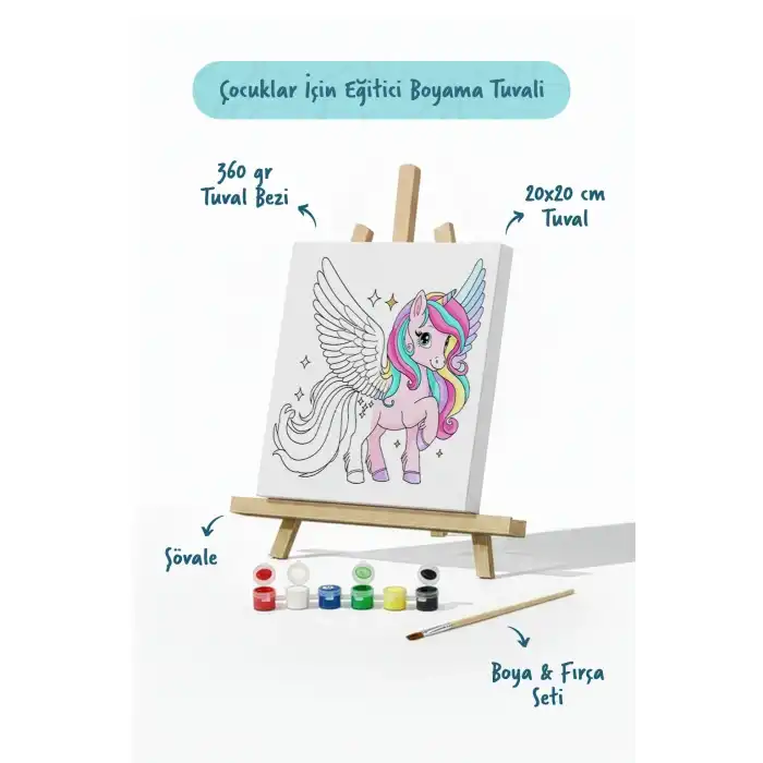 Kanatlı Unicorn Temalı Çocuk Boyama Tuvali – Şövaleli Eğitici Boyama Seti 20x20 cm