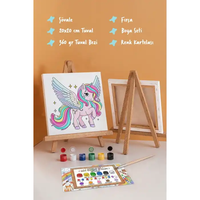 Kanatlı Unicorn Temalı Çocuk Boyama Tuvali – Şövaleli Eğitici Boyama Seti 20x20 cm