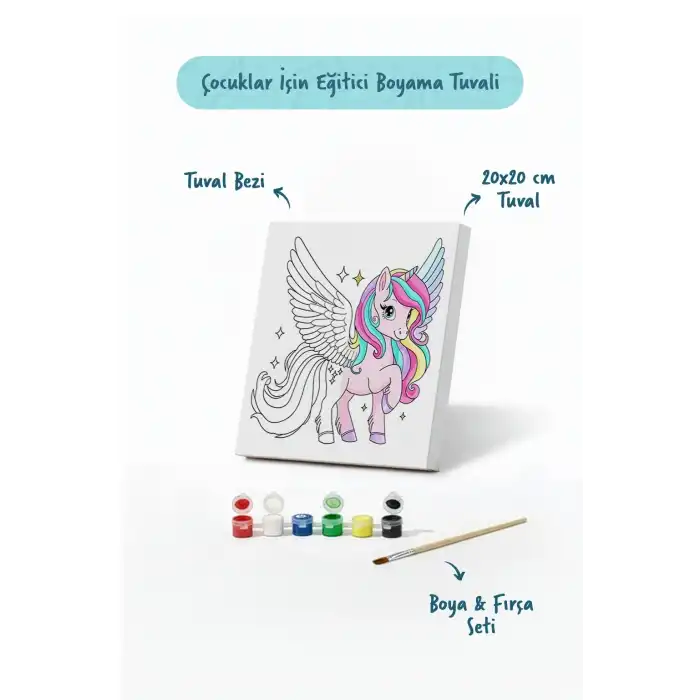Kanatlı Unicorn Temalı Çocuk Boyama Tuvali – Şövalesiz Eğitici Boyama Seti 20x20 cm