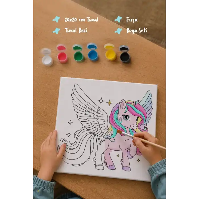 Kanatlı Unicorn Temalı Çocuk Boyama Tuvali – Şövalesiz Eğitici Boyama Seti 20x20 cm