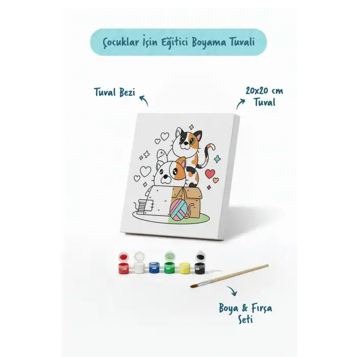 Kedi Figürlü Çocuk Boyama Tuvali – Şövalesiz Boya Seti 20x20