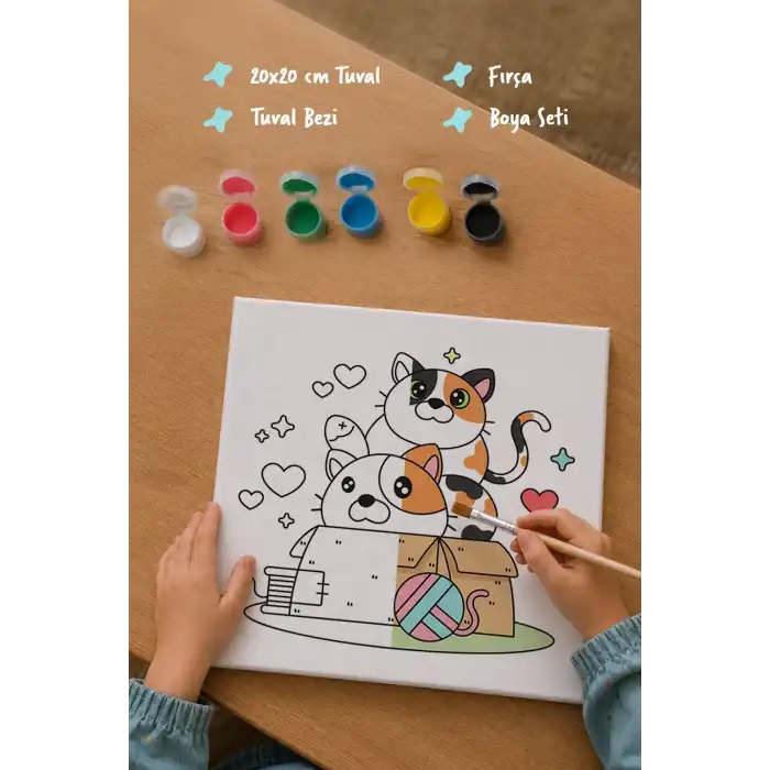 Kedi Figürlü Çocuk Boyama Tuvali – Şövalesiz Boya Seti 20x20