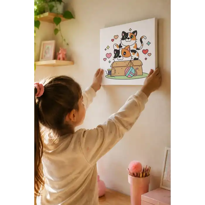 Kedi Figürlü Çocuk Boyama Tuvali – Şövalesiz Boya Seti 20x20