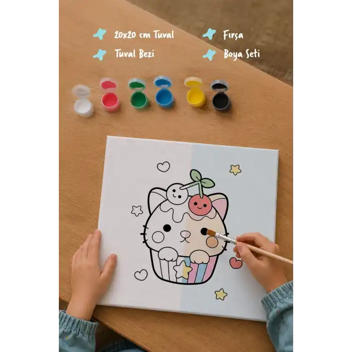 Kirazlı Kedicik Boyama Tuvali – Şövalesiz Boya Seti 20x20
