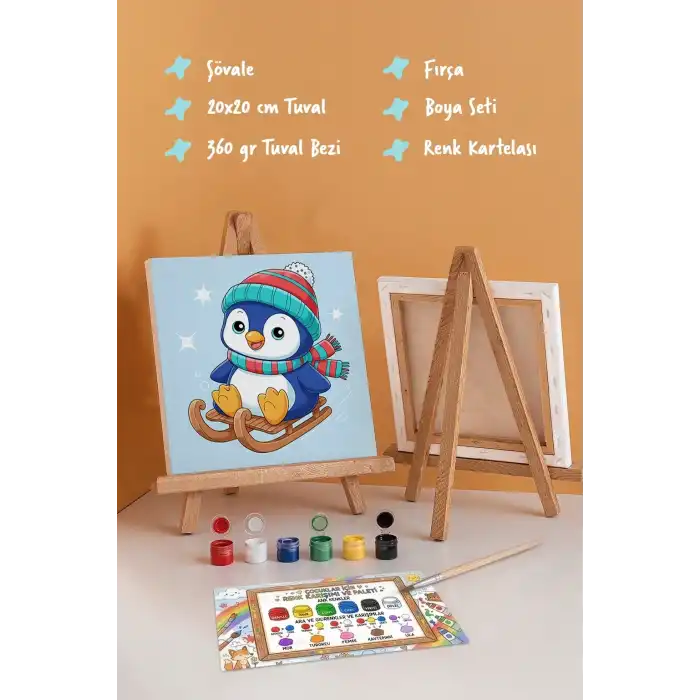Kızaklı Penguen Temalı Çocuk Boyama Tuvali – Şövaleli Eğitici Boyama Seti 20x20 cm