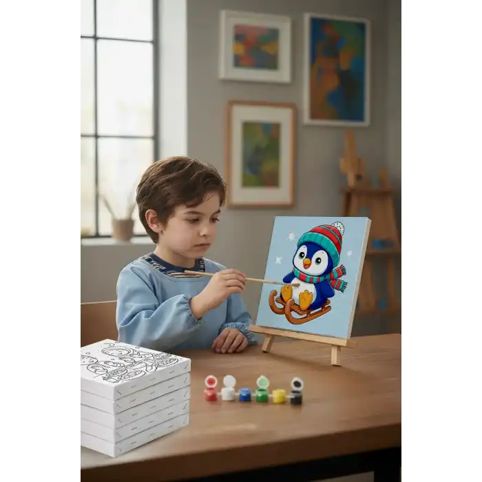 Kızaklı Penguen Temalı Çocuk Boyama Tuvali – Şövaleli Eğitici Boyama Seti 20x20 cm