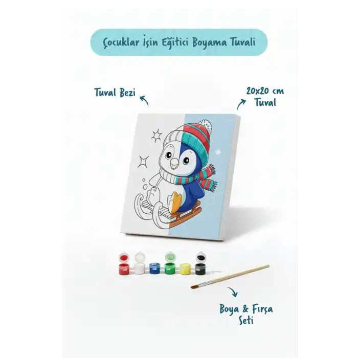 Kızaklı Penguen Temalı Çocuk Boyama Tuvali – Şövalesiz Eğitici Boyama Seti 20x20 cm