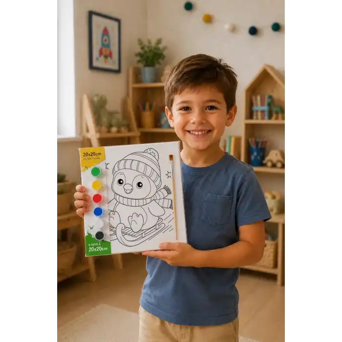 Kızaklı Penguen Temalı Çocuk Boyama Tuvali – Şövalesiz Eğitici Boyama Seti 20x20 cm