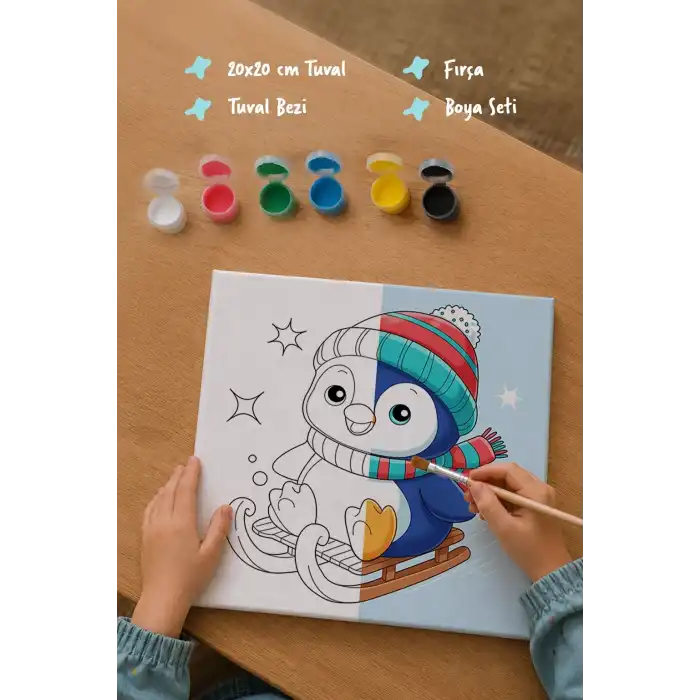 Kızaklı Penguen Temalı Çocuk Boyama Tuvali – Şövalesiz Eğitici Boyama Seti 20x20 cm