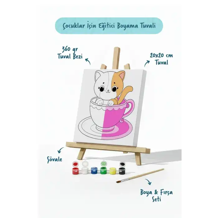 Kupa İçinde Sevimli Kedi Çocuk Boyama Tuvali – Şövaleli Boyama Seti 20x20 cm