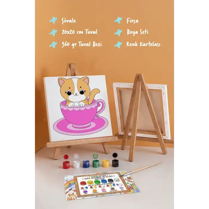Kupa İçinde Sevimli Kedi Çocuk Boyama Tuvali – Şövaleli Boyama Seti 20x20 cm