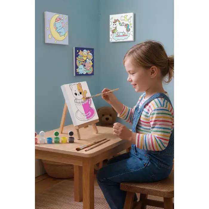 Kupa İçinde Sevimli Kedi Çocuk Boyama Tuvali – Şövaleli Boyama Seti 20x20 cm