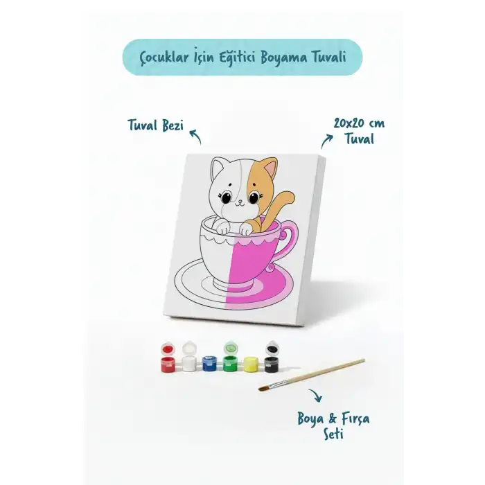 Kupa İçinde Sevimli Kedi Çocuk Boyama Tuvali – Şövalesiz Boyama Seti 20x20 cm