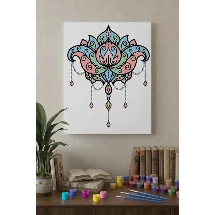 Lotus Çiçeği Desenli Mandala Tuval Boyama Seti 40x50 cm