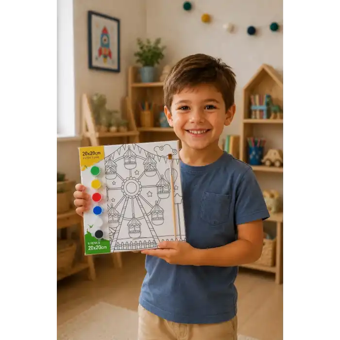 Lunapark Dönme Dolap Temalı Çocuk Boyama Tuvali – Şövalesiz Eğitici Boyama Seti 20x20 cm