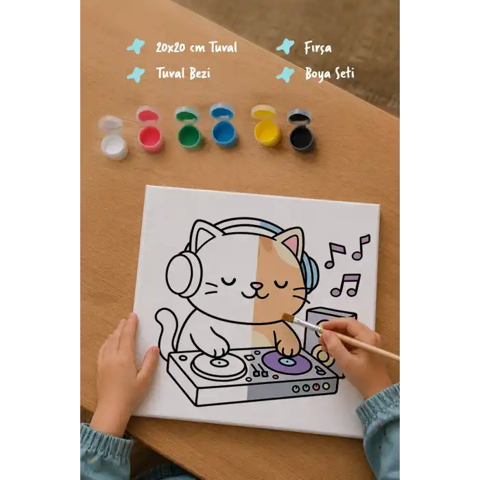 Müziksever Kedi Boyama Tuvali – Şövalesiz Boya Seti 20x20