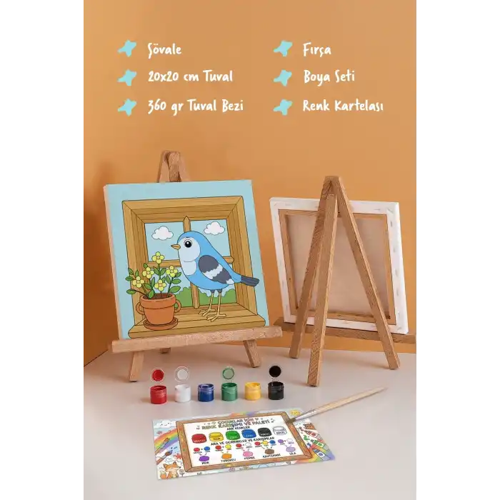 Pencere ve Kuş Temalı Çocuk Boyama Tuvali – Şövaleli Eğitici Boyama Seti 20x20 cm