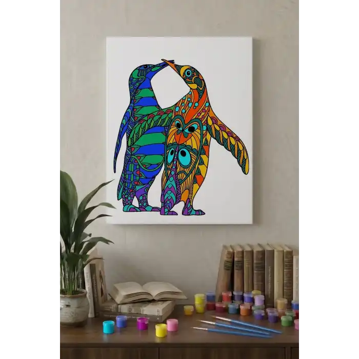 Penguen Desenli Mandala Tuval Boyama Seti 40x50 cm