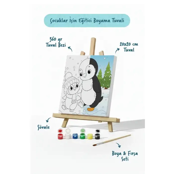 Penguen Temalı Çocuk Boyama Tuvali – Şövaleli Eğitici Boyama Seti 20x20 cm