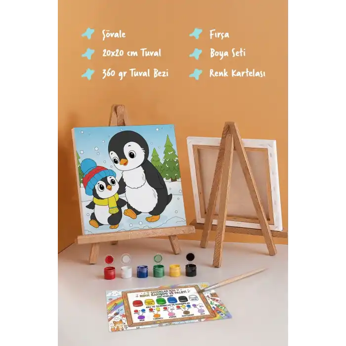 Penguen Temalı Çocuk Boyama Tuvali – Şövaleli Eğitici Boyama Seti 20x20 cm