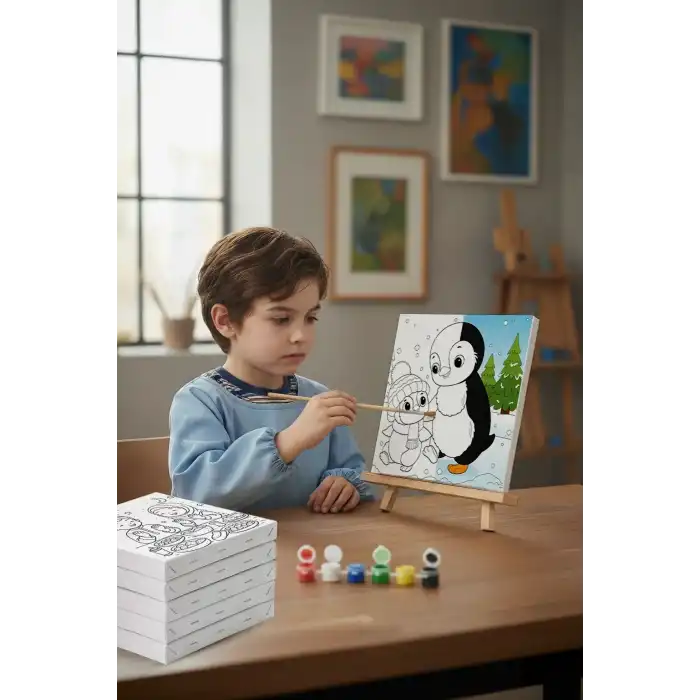 Penguen Temalı Çocuk Boyama Tuvali – Şövaleli Eğitici Boyama Seti 20x20 cm
