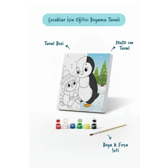 Penguen Temalı Çocuk Boyama Tuvali – Şövalesiz Eğitici Boyama Seti 20x20 cm