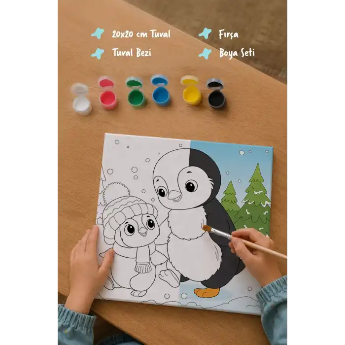 Penguen Temalı Çocuk Boyama Tuvali – Şövalesiz Eğitici Boyama Seti 20x20 cm