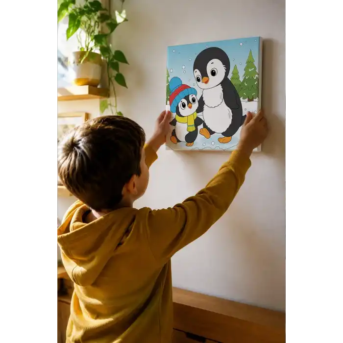 Penguen Temalı Çocuk Boyama Tuvali – Şövalesiz Eğitici Boyama Seti 20x20 cm