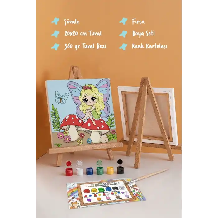 Peri Kızı Temalı Çocuk Boyama Tuvali – Şövaleli Eğitici Boyama Seti 20x20 cm
