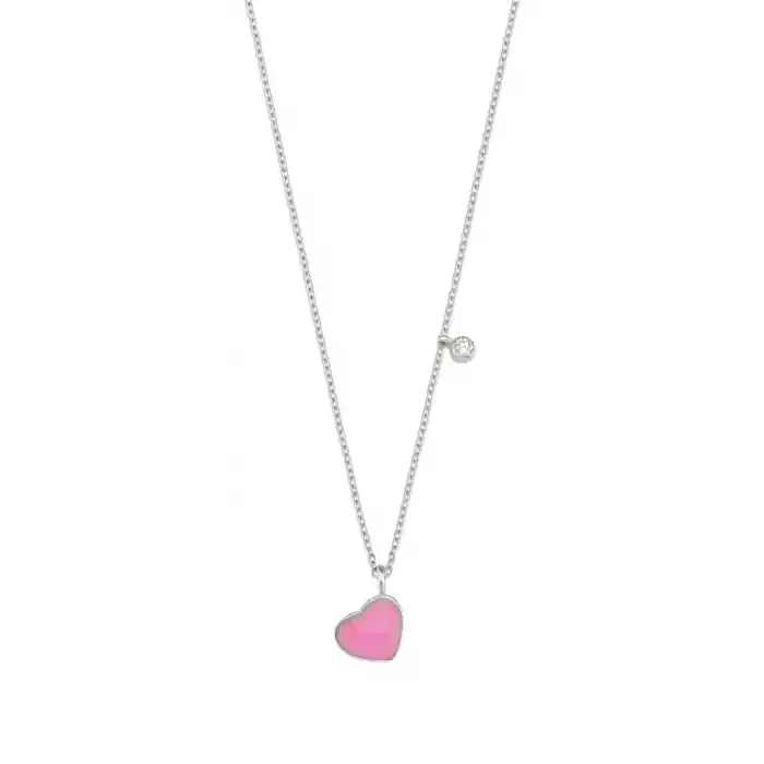 Pink Enamel Heart & Diamond Pendant Necklace