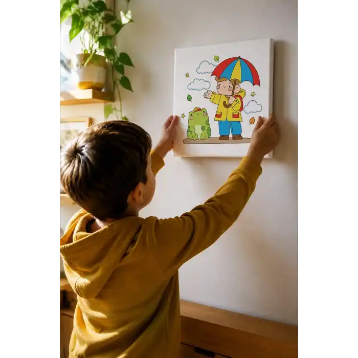 Şemsiyeli Çocuk Figürlü Çocuk Boyama Tuvali – Şövalesiz Boya Seti 20x20