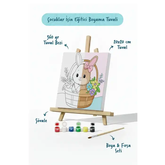 Sepette Tavşan Temalı Çocuk Boyama Tuvali – Şövaleli Eğitici Boyama Seti 20x20 cm