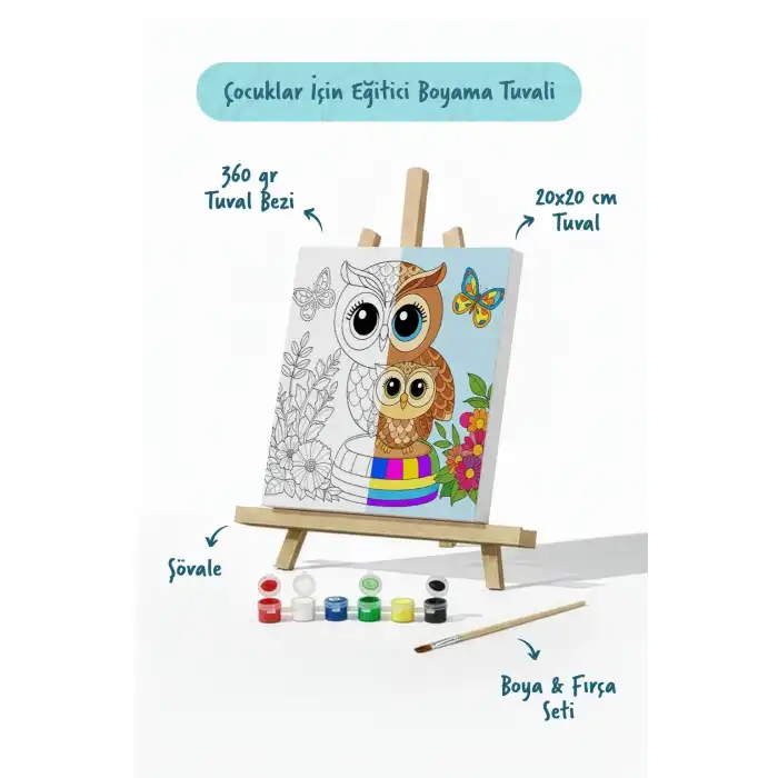 Sevimli Baykuş Temalı Çocuk Boyama Tuvali – Şövaleli Eğitici Boyama Seti 20x20 cm