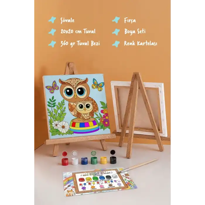 Sevimli Baykuş Temalı Çocuk Boyama Tuvali – Şövaleli Eğitici Boyama Seti 20x20 cm