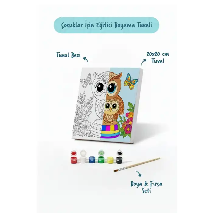 Sevimli Baykuş Temalı Çocuk Boyama Tuvali – Şövalesiz Eğitici Boyama Seti 20x20 cm