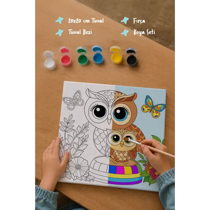 Sevimli Baykuş Temalı Çocuk Boyama Tuvali – Şövalesiz Eğitici Boyama Seti 20x20 cm