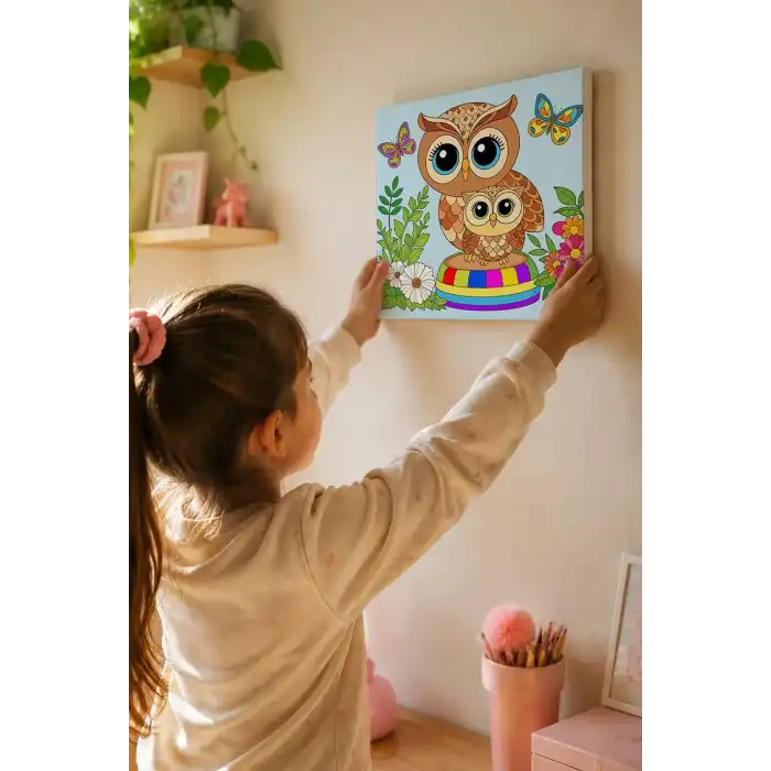 Sevimli Baykuş Temalı Çocuk Boyama Tuvali – Şövalesiz Eğitici Boyama Seti 20x20 cm