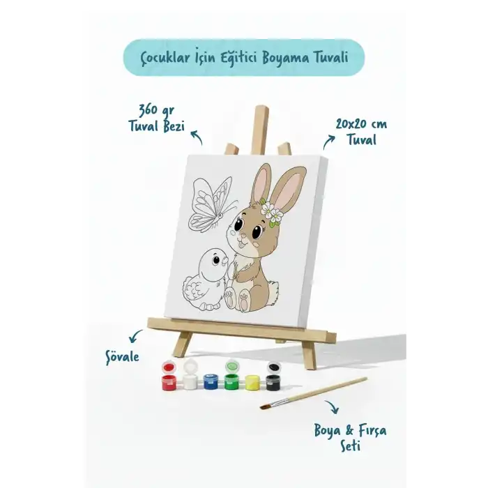 Sevimli Fil Temalı Çocuk Boyama Tuvali – Şövaleli Eğitici Boyama Seti 20x20 cm