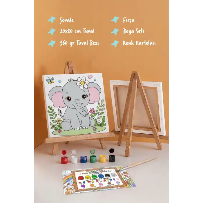 Sevimli Fil Temalı Çocuk Boyama Tuvali – Şövaleli Eğitici Boyama Seti 20x20 cm