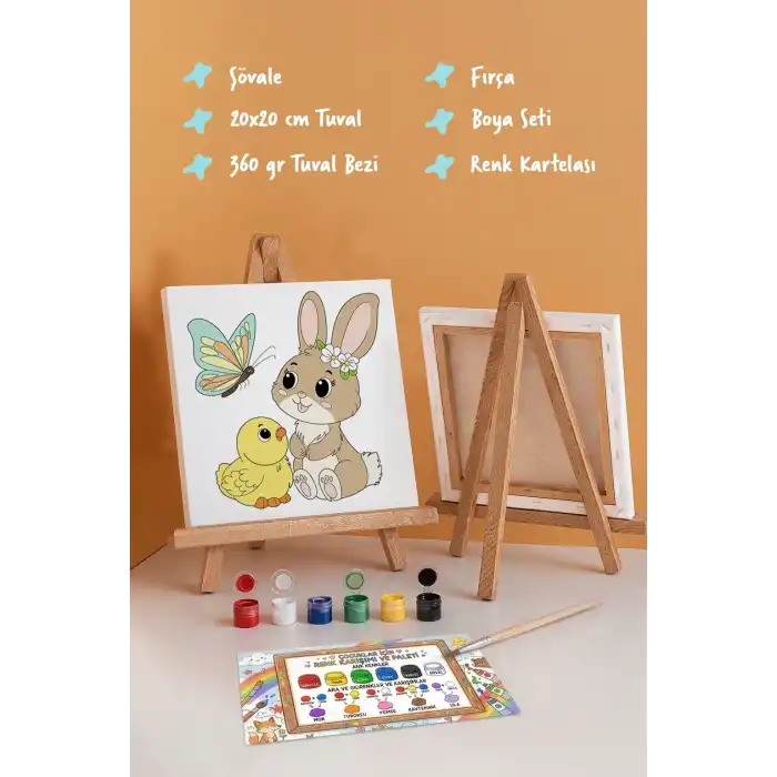Sevimli Fil Temalı Çocuk Boyama Tuvali – Şövaleli Eğitici Boyama Seti 20x20 cm